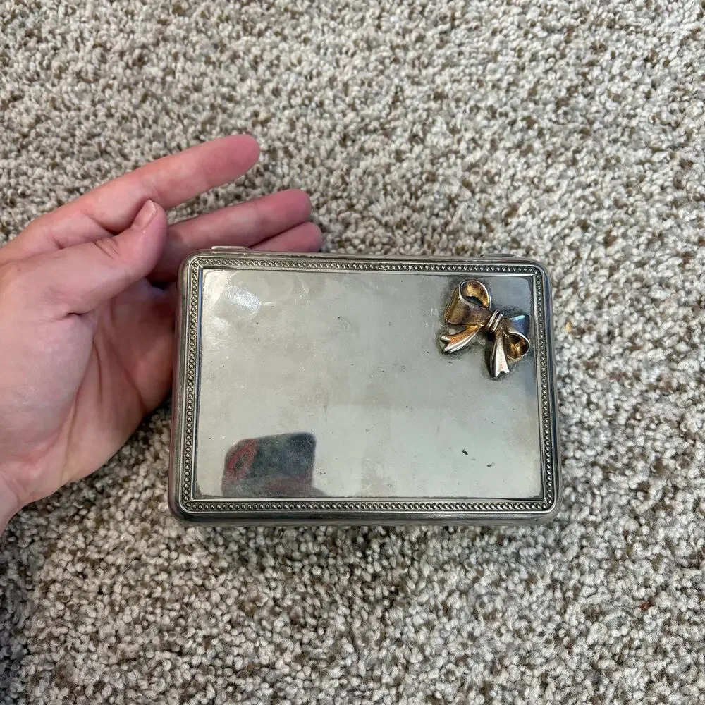 Vintage Silver-Plated Jewelry Box Gold Tone Bow, Blue Felt Interior with Mirror